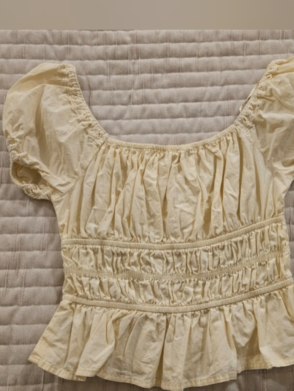 Cream Smocked Peplum Puff Sleeve Top - Picture 2 of 3